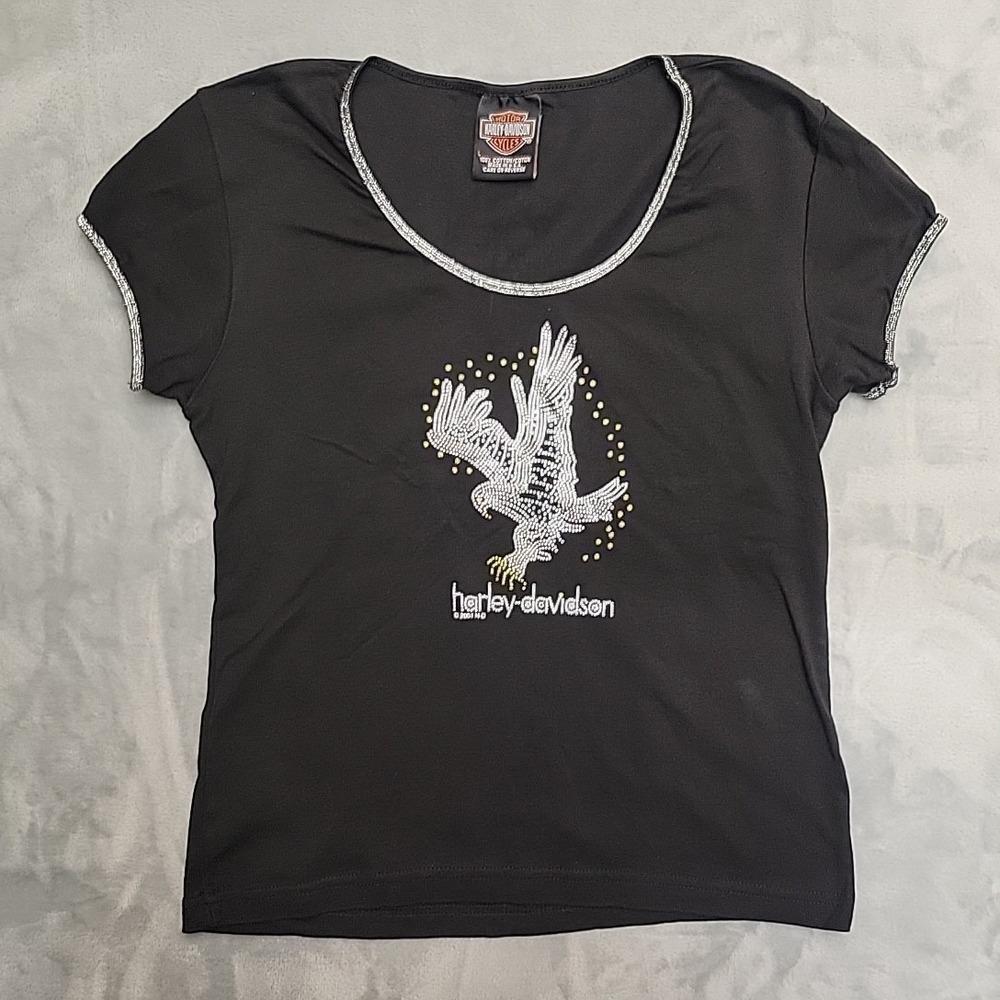 VTG Harley Davidson Shirt Women L Black Eagle Rhinestone Milwaukee Made In USA
